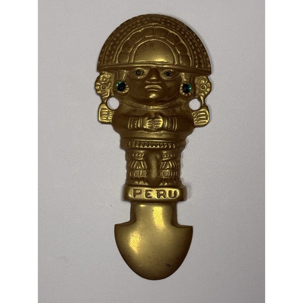 VTG Peru Brass Tumi Ceremonial Knife Wall Hang Inca Deity Rhinestones Folk Art